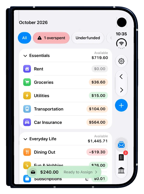 Bow’s Budget screen on iPhone Duo, with its buttons in a bar along the side